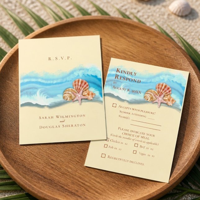 Romantic Blue Ocean Wave & Seashells Wedding RSVP Card (Creator Uploaded)