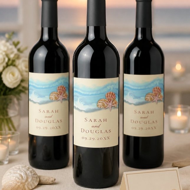 Romantic Blue Ocean Wave & Seashells Wedding Wine Label (Creator Uploaded)