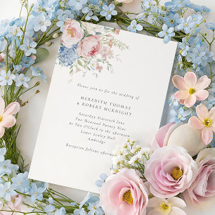 Romantic Blue & Pink Pastel Floral Wedding Invitation