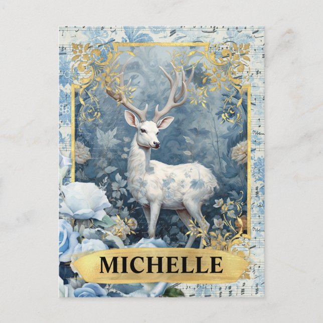 Romantic Blue Roses and Deer Fantasy Postcard (Front)