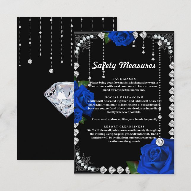 Romantic Blue Roses And Diamonds Safety Measures Card (Front/Back)