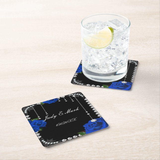 Romantic Blue Roses And Diamonds Square Paper Coaster (Insitu)