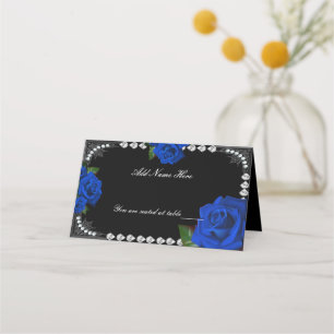 Romantic Blue Roses And Diamonds Table Place Card
