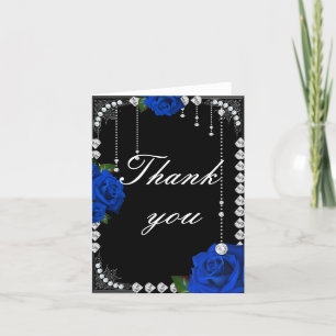 Romantic Blue Roses And Diamonds Thank You Card