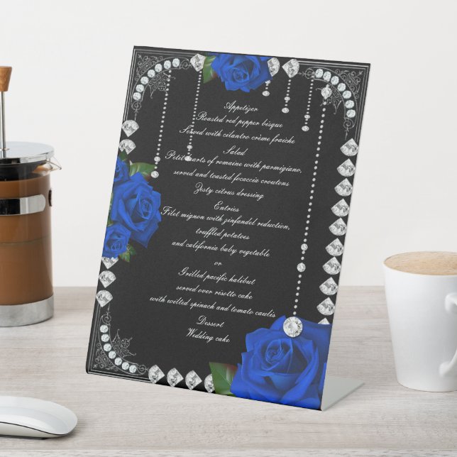 Romantic Blue Roses And Diamonds Wedding Menu Pedestal Sign (In SItu)