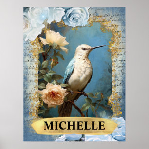 Romantic Blue Roses and Hummingbird Fantasy Poster