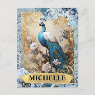 Romantic Blue Roses and Peacock Fantasy Postcard