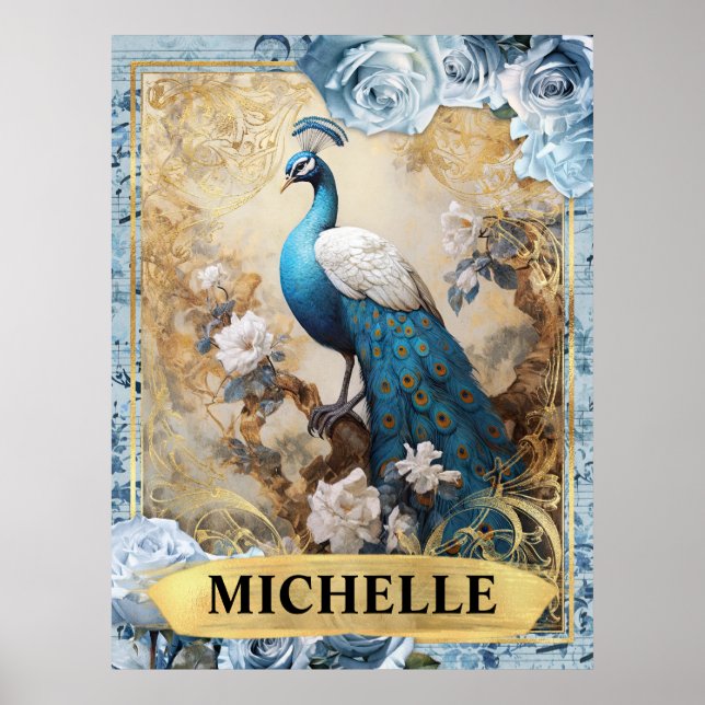Romantic Blue Roses and Peacock Fantasy Poster (Front)