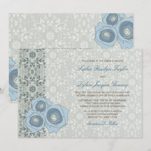 Romantic Blue Roses Damask Lace Elegant Wedding Invitation