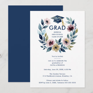 Romantic Blue Shades Floral Wreath Graduation Invitation