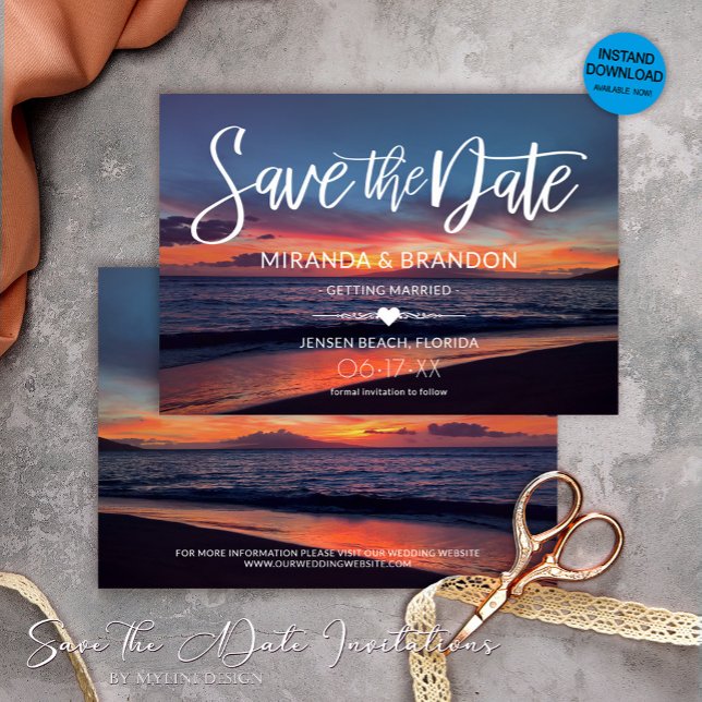 Romantic Blue Sunset Summer Beach Wedding Save The Date (Creator Uploaded)