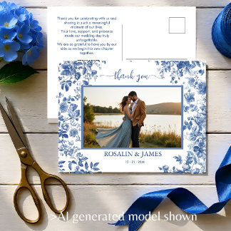 Romantic Blue Toile QR code Photo Thank You Postcard