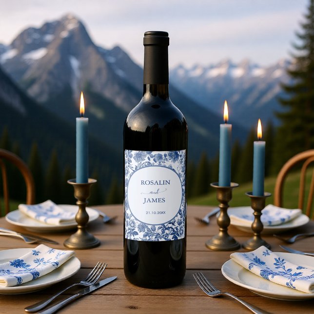 Romantic Blue Toile Wedding Wine Label (Romantic Blue Toile Wedding Wine Label)