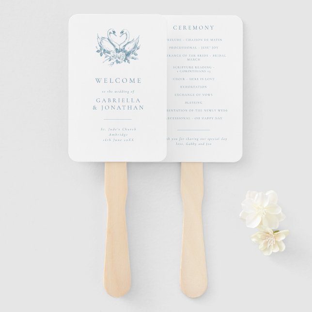 Romantic Blue Vintage Swans Wedding Program Hand Fan (Front and Back)
