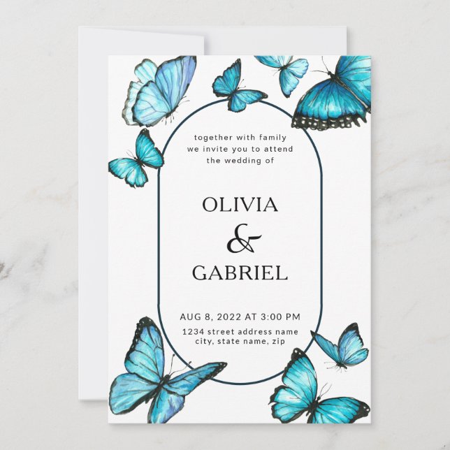 Romantic blue watercolor butterflies. Airy Wedding Invitation (Front)