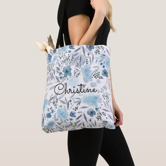 romantic blue watercolor floral tote bag (Close Up)