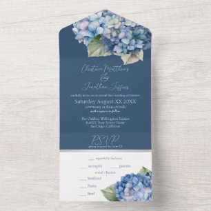 Romantic Blue Watercolor Hydrangea Flowers on Navy All In One Invitation