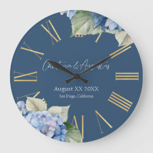 Romantic Blue Watercolor Hydrangea Flowers on Navy Large Clock