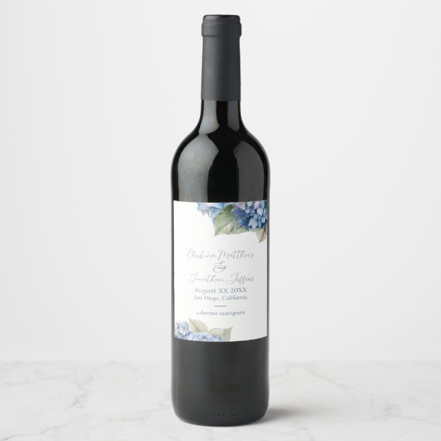 Romantic Blue Watercolor Hydrangea Flowers Wine Label (Front)