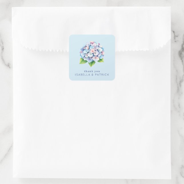 Romantic Blue Watercolor Hydrangeas Square Sticker (Bag)