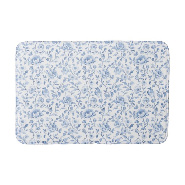 Romantic Blue White Floral  Bath Mat (Front)
