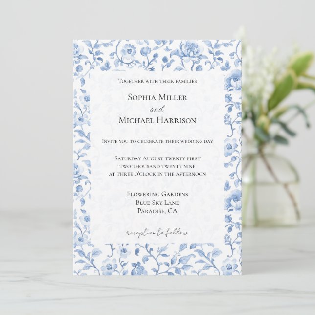 Romantic Blue White Floral Wedding Invitation (Standing Front)