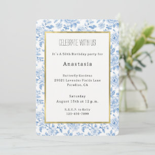 Romantic Blue White Flowers Birthday Invitation