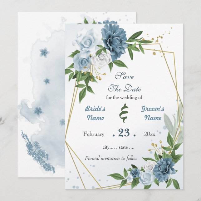 Romantic blue white flowers gold geometric save the date (Front/Back)