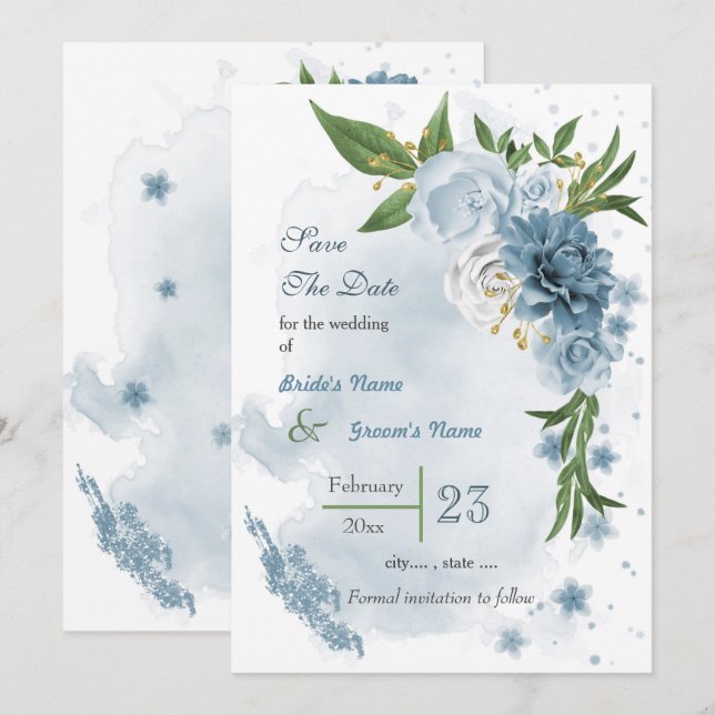 Romantic blue white flowers greenery save the date (Front/Back)