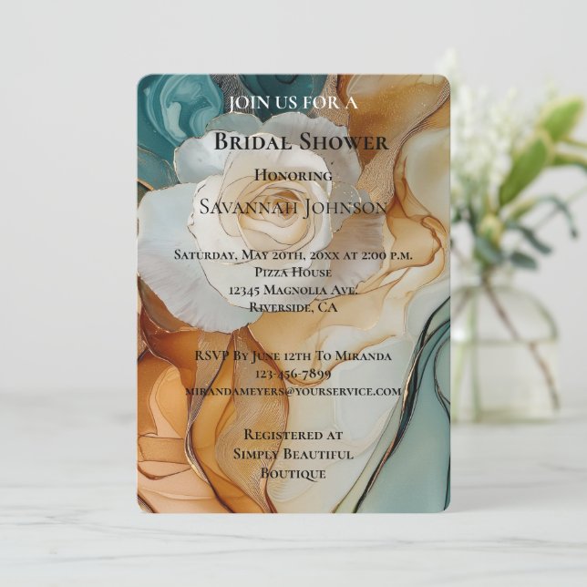Romantic Blue White Gold Rose Floral Bridal Shower Invitation (Standing Front)