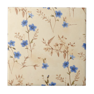 Romantic Blue Wildflowers and Sepia Sprigs Tile