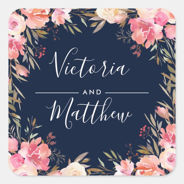 Romantic Blush Bloom Floral Wedding Personalized Square Sticker (Front)