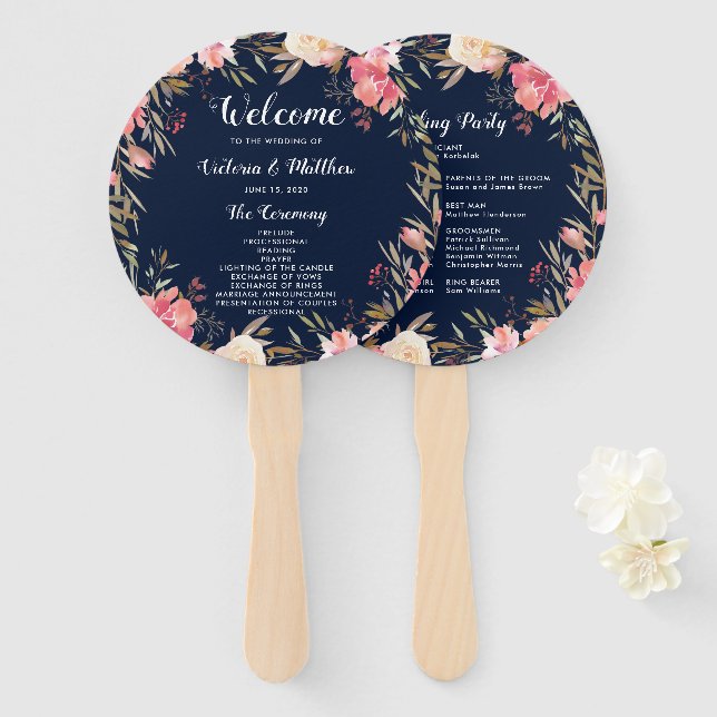 Romantic Blush Bloom Floral Wedding Program Hand Fan (Front and Back)