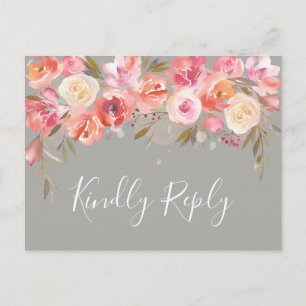 Romantic Blush Bloom Floral Wedding RSVP   Grey Invitation Postcard