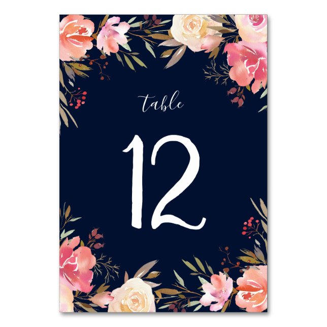 Romantic Blush Bloom Floral Wedding Table Number (Front)