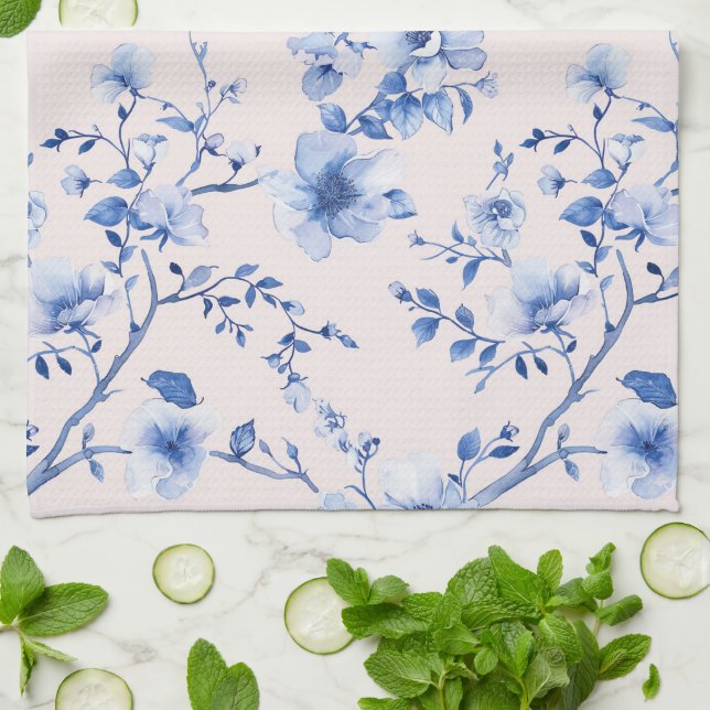 Romantic Blush Blue Floral Bridal Shower Kitchen Towel (Folded)