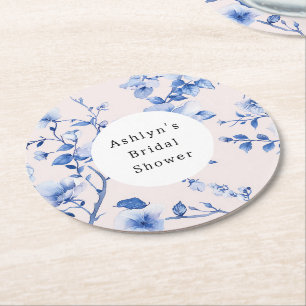 Romantic Blush Blue Floral Bridal Shower Round Paper Coaster