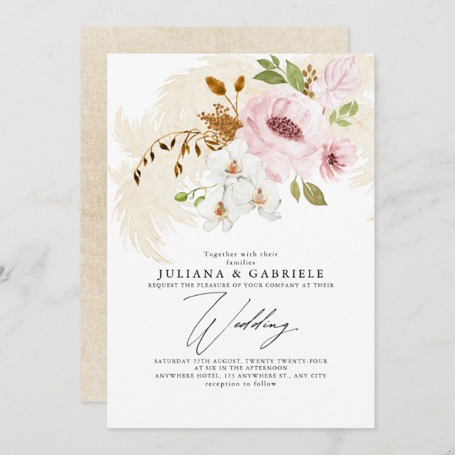 Romantic Blush Brown Greenery Boho Floral Wedding Invitation (Front/Back)
