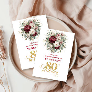 Romantic Blush Burgundy 80th Birthday Thank You Card