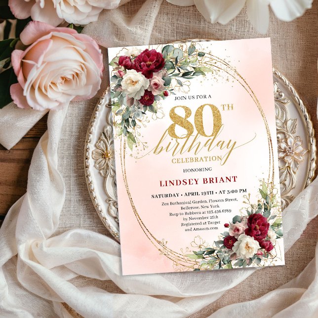 Romantic Blush Burgundy Gold Frame 80th Birthday Invitation (Romantic Blush Burgundy Gold Frame 80th Birthday)