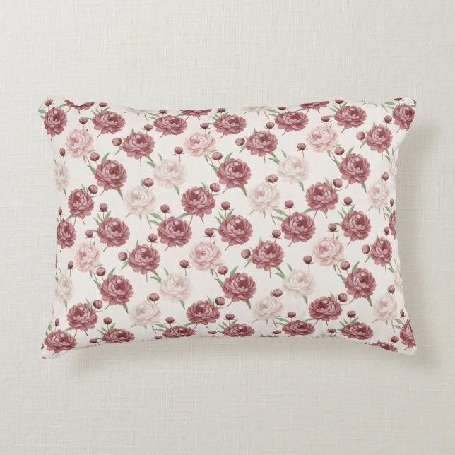 Romantic Blush & Burgundy Peony Floral Pattern Accent Pillow (Front)