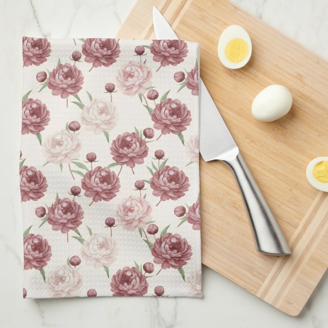 Romantic Blush & Burgundy Peony Floral Pattern Kitchen Towel (Quarter Fold)