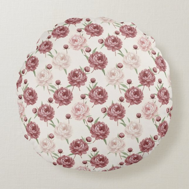 Romantic Blush & Burgundy Peony Floral Pattern Round Pillow (Front)