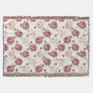 Romantic Blush & Burgundy Peony Floral Pattern Throw Blanket