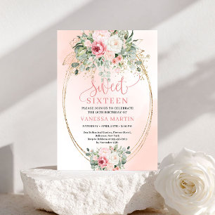 Romantic Blush Floral Gold Sweet 16 Birthday Party Invitation