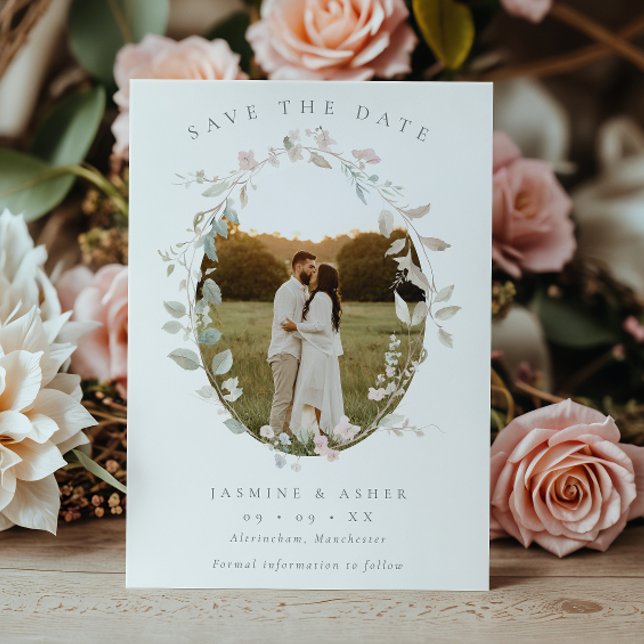 Romantic Blush Floral Wreath Photo Wedding Save The Date (Creator Uploaded)