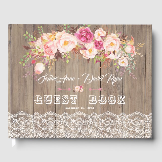 Romantic Blush Flowers Lace Wood Wedding Guest Book (Front)