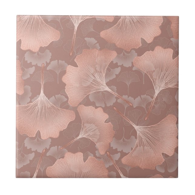 Romantic Blush Ginkgo Leaves Gold Botanical Tile (Front)