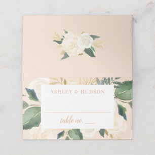Romantic Blush Gold Green Floral Monogram Wedding Place Card