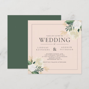 Romantic Blush & Green Glitter Square Wedding Invitation